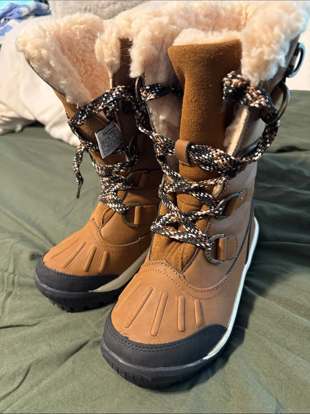 BearPaw Kids Tan & Black Waterproof Winter Boots with Faux Fur Cuff